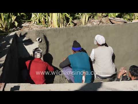 Workers repairing and waterproofing a fish pond at Motidhar Mussoorie thumbnail