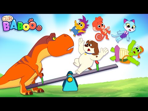 T-REX on the SEESAW | Club Baboo | 30 MINUTES Funny Dino Video for Kids | Learn Dinosaur Names trex thumbnail