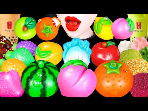 ASMR RAINBOW FRUITS RICE CAKE MAGIC POWDER GREEN BUBBLE TEA 과일 화과자, 매직 가루 녹차 버블티 먹방 DESSERTS MUKBANG thumbnail
