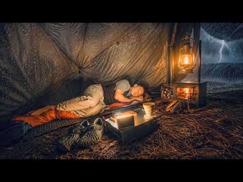HOT TENT SOLO CAMPING IN HEAVY RAIN • CAUGHT IN RAINSTORM thumbnail